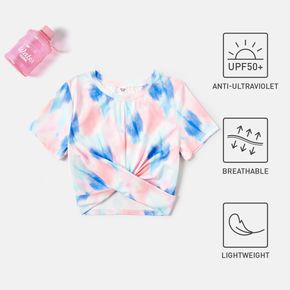 Kid Girl Tie Dyed Sun Protection Twist Knot Short-sleeve Sporty Tee