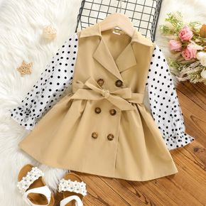 Toddler Girl Polka dots Mesh Splice Lapel Collar Double Breasted Trench Coat