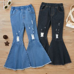 Kid Girl 100% Cotton Solid Color Ripped Denim Flared Jeans