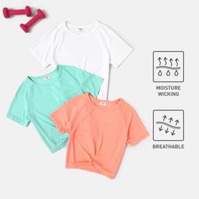Activewear Moisture Wicking Toddler Girl Solid Color Twist Knot Breathable Short Raglan Sleeve Tee