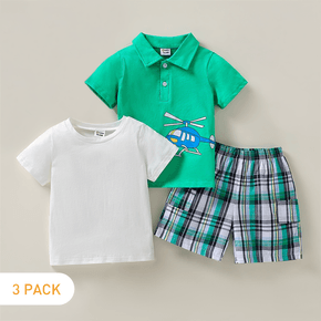 3-Pack Toddler Boy Playful Vehicle Print Polo Shirt & White Tee and Plaid Shorts Set