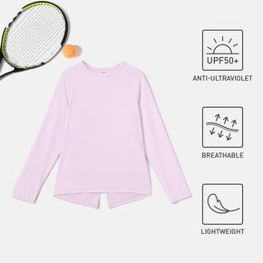 t-shirt viola chiaro a maniche lunghe traspirante per bambina con spacco posteriore sportivo protezione solare