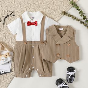 2pcs Baby Boy 100% Cotton Short-sleeve Gentleman Party Outfits Striped Spliced Jumpsuit and Double Breasted Waistcoat Set