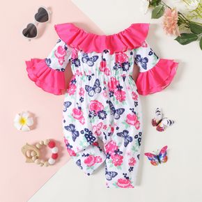 Baby Girl Contrast Color Ruffle Trim Bell Sleeve Spliced Allover Butterfly & Floral Print Jumpsuit