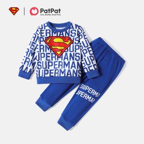 Superman 2pcs Toddler Boy Allover Letter Print Pullover Sweatshirt and Elasticized Blue Pants Set