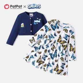 Smurfs 2pcs Toddler Girl Butterfly Print Long-sleeve Dress and Button Design Cotton Cardigan Set