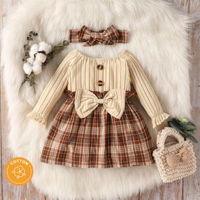 2pcs Baby Girl 95% Cotton Rib Knit Bow Front Long-sleeve Spliced Plaid Dress with Headband Set