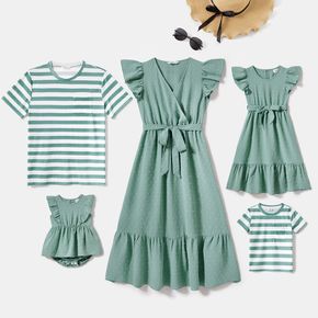 Family Matching Green Swiss Dot Flutter-sleeve Surplice Neck Belted Dresses and Striped Short-sleeve T-shirts Sets