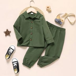 2-piece Toddler Boy Solid Lapel Collar Chest Pocket Long-sleeve Top and Pants Army Green Set