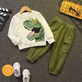 2pcs Toddler Boy Playful Dinosaur Print Sweatshirt and Pocket Design Cargo Pants Set