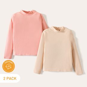 2-Pack Kid Girl 100% Cotton Solid Color Mock Neck Long-sleeve Ribbed Tee