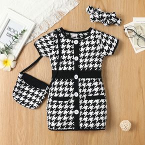 3pcs Baby Girl Button Front Short-sleeve Houndstooth Dress and Square Bag with Headband Set