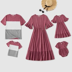 Family Matching Solid Ruffle Trim Short-sleeve Dresses and Colorblock T-shirts Sets