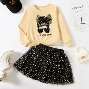 2pcs Kid Girl Letter Cartoon Print Bowknot Design Sweatshirt and Polka dots Mesh Skirt Set