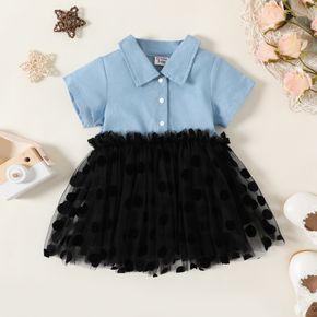 Baby Girl Denim Short-sleeve Spliced Polka Dots Mesh Dress