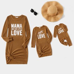 Letter Embroidered Brown Rib Knit Twist Knot Long-sleeve Dress for Mom and Me