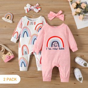 2-Pack Baby Girl Long-sleeve Rainbow Print Jumpsuits with Headbands Sets