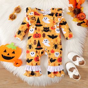 Halloween Baby Girl Allover Print Pom Poms Ruffle Trim Long-sleeve Jumpsuit