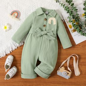 100% Cotton Baby Girl Rainbow Detail Button Front Solid Long-sleeve Belted Jumpsuit