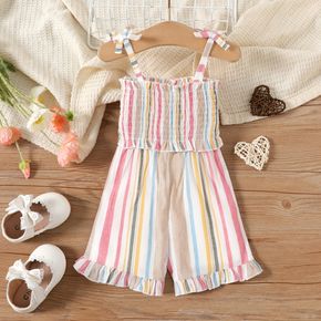 Baby Girl Colorful Striped Ruffle Trim Shirred Overalls Shorts