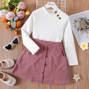 2pcs Kid Girl Button Design Long-sleeve White Ribbed Top and Pocket Design Pink Skirt Set