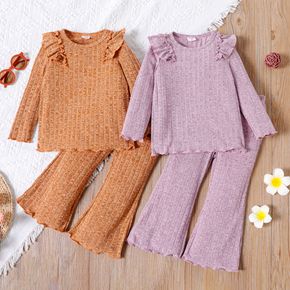 2pcs Toddler Girl Ruffled Lettuce Trim Long-sleeve Solid Color Tee and Flared Pants Set