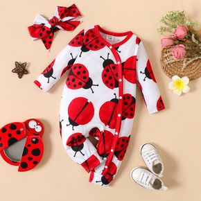 2pcs Baby Girl Allover Red Ladybug Print Long-sleeve Snap Jumpsuit with Headband Set