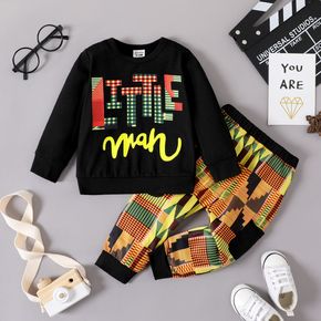2pcs Baby Boy Long-sleeve Letter Print Sweatshirt and Geometric Pattern Sweatpants Set