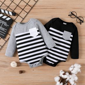 Baby Girl Long-sleeve Striped Romper with Colorblock Pocket