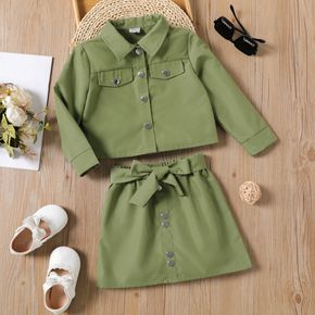 2pcs Toddlr Girl Lapel Collar Button Design Long-sleeve Shirt and Belted Green Skirt Set