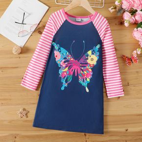 Fashionable Kid Girl Striped Colorful Butterfly Long-sleeve Dress