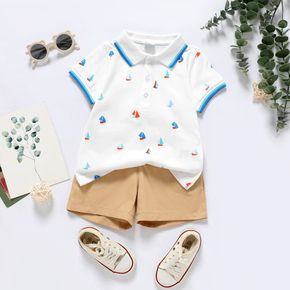 Toddler Boy 2pcs Sailboat Allover Lapel Collar Short-sleeve White Shirt Top and Khaki Shorts Set