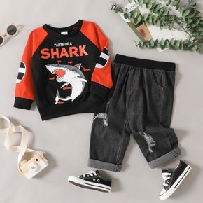2pcs Toddler Boy Letter Shark Print Raglan Sleeve Pullover Sweatshirt and Ripped Denim Jeans Set