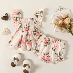 Baby Girl 2pcs Shirred Floral Flounce Layered Flutter-sleeve Top and Bloomer Shorts Set