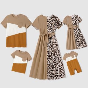 Family Matching Short-sleeve Solid Spliced Leopard Belted Dresses and Colorblock T-shirts Sets