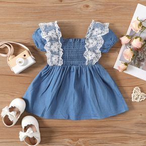 Baby Girl Lace Ruffle Trim Denim Shirred Puff-sleeve Dress