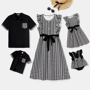 Family Matching 95% Cotton Short-sleeve Polo Shirts and Houndstooth Ruffle Trim Belted Tank Dresses Sets