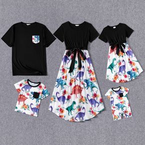Family Matching Solid Short-sleeve Spliced Allover Dinosaur Print Belted Dresses and T-shirts Sets