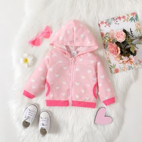Baby Girl Allover Love Heart Print Contrast Binding Long-sleeve Hooded Zip Jacket