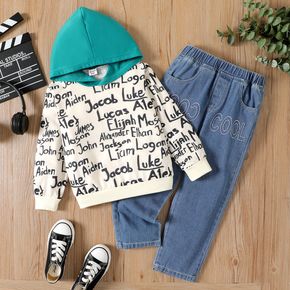 2pcs Kid Boy 100% Cotton Letter Allover Print Hooded Sweatshirt and Embroidered Denim Jeans Set