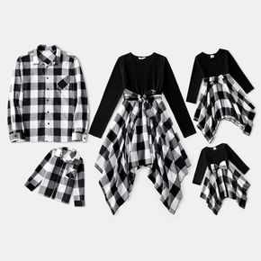 Family Matching Long-sleeve Solid Spliced Plaid Asymmetric Hem Dresses and Button Up Shirts Sets