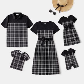 Family Matching Black Short-sleeve Spliced Plaid Dresses and Tops Sets