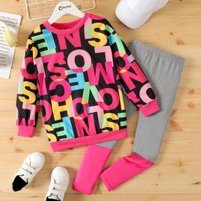 2pcs Kid Girl Allover Letter Print Sweatshirt and Colorblock Leggings Set