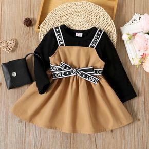 Baby Girl 95% Cotton Long-sleeve Faux-two Letter Design Belted Dress