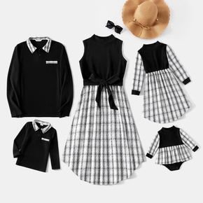 Family Matching Black Spliced Plaid Tweed Mock Neck Dresses and Long-sleeve Polo Shirts Sets