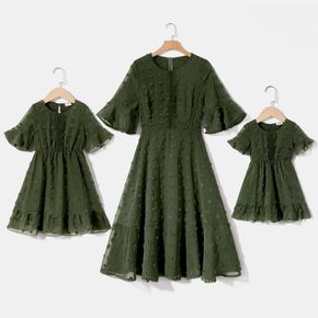 Mommy and Me Army Green Ruffle-sleeve Lace Detail Swiss Dot Dress