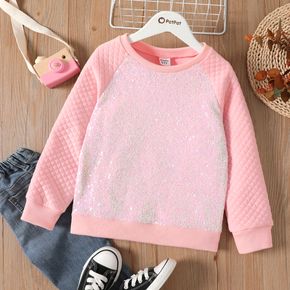 Kid Girl Sequined Textured Raglan Sleeve Pink Pullover Sweatshirt
