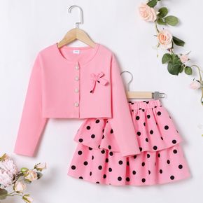 2pcs Kid Girl Bowknot Button Design Long-sleeve Pink Tee and Polka dots Layered Skirt Set