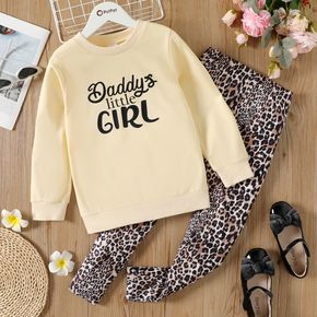 2pcs Kid Girl Letter Print Sweatshirt and Leopard Print Leggings Set
