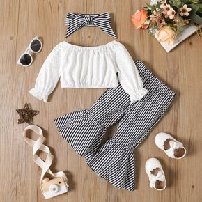 3pcs Baby Girl Solid Eyelet Textured Off Shoulder Long-sleeve Crop Top and Pinstripe Flared Pants with Headband Set